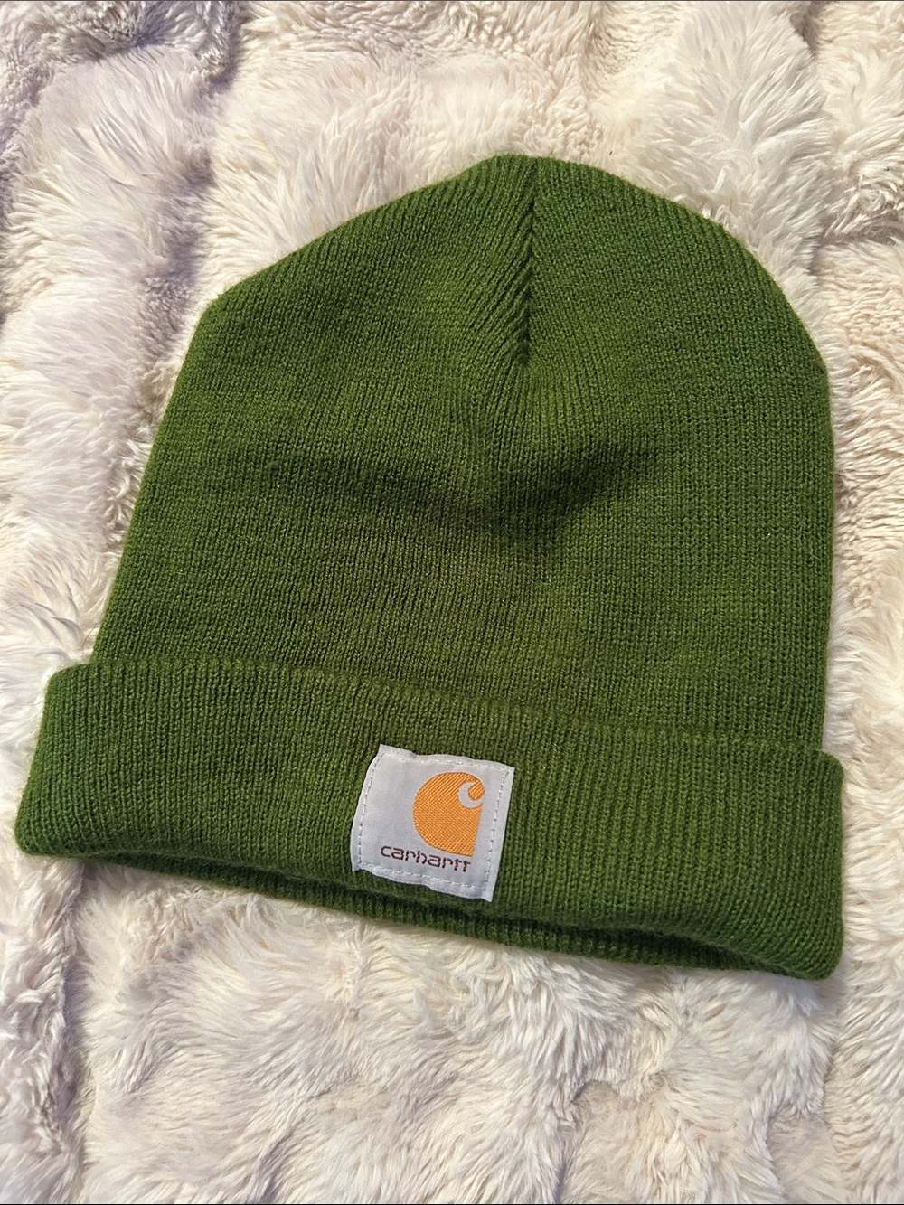 Carhartt Kids Olive Green Cuffed Beanie with Logo Patch